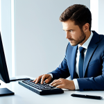 A focused professional, male or female, in a modest business suit, seated at a modern ergonomic desk in a minimalist, light-filled office. The individual's expression conveys deep contemplation and a subtle internal struggle, reflecting the emotional challenges of financial markets. On the screen, abstract digital charts subtly hint at market data. The setting is clean and professional. fully clothed, appropriate attire, safe for work, perfect anatomy, correct proportions, natural pose, well-formed hands, proper finger count, natural body proportions, professional photography, high quality, family-friendly.