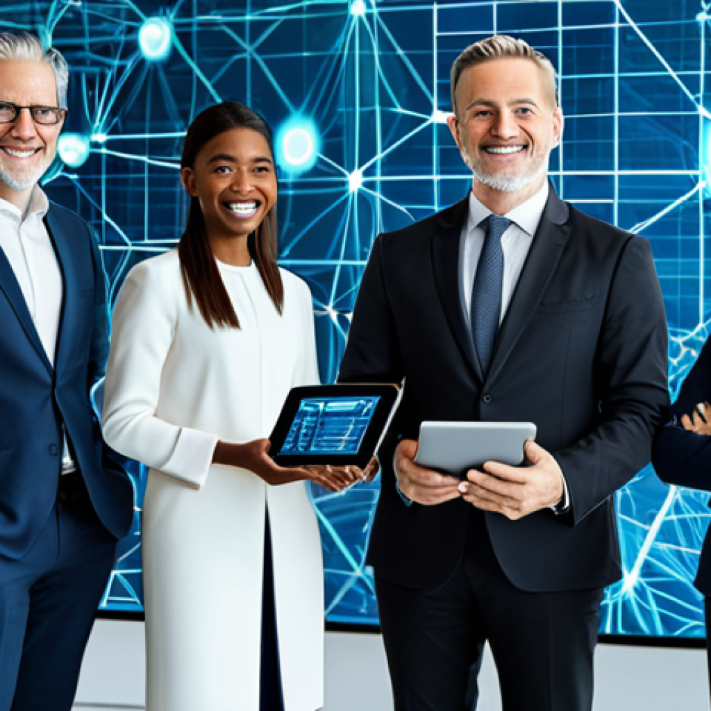 A diverse group of professional individuals, including an entrepreneur and a financial expert, in modest business attire, fully clothed. They are standing in a bright, modern, interconnected digital space, with subtle, abstract blockchain network visualizations in the background. Digital interfaces are visible on tablets or holographic displays, showing secure financial transactions and global connections, emphasizing empowerment and financial inclusion. This image is safe for work, appropriate content, family-friendly, perfect anatomy, correct proportions, natural pose, well-formed hands, proper finger count, natural body proportions, high-quality professional photography, detailed, crisp focus.