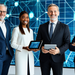 A diverse group of professional individuals, including an entrepreneur and a financial expert, in modest business attire, fully clothed. They are standing in a bright, modern, interconnected digital space, with subtle, abstract blockchain network visualizations in the background. Digital interfaces are visible on tablets or holographic displays, showing secure financial transactions and global connections, emphasizing empowerment and financial inclusion. This image is safe for work, appropriate content, family-friendly, perfect anatomy, correct proportions, natural pose, well-formed hands, proper finger count, natural body proportions, high-quality professional photography, detailed, crisp focus.