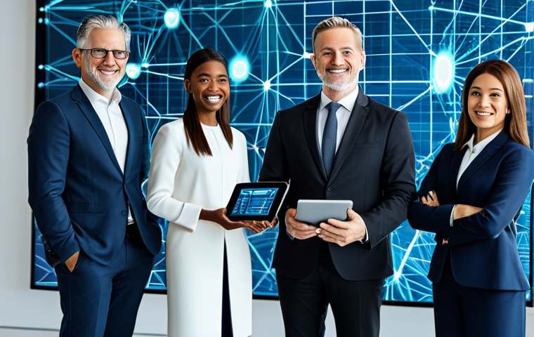 A diverse group of professional individuals, including an entrepreneur and a financial expert, in modest business attire, fully clothed. They are standing in a bright, modern, interconnected digital space, with subtle, abstract blockchain network visualizations in the background. Digital interfaces are visible on tablets or holographic displays, showing secure financial transactions and global connections, emphasizing empowerment and financial inclusion. This image is safe for work, appropriate content, family-friendly, perfect anatomy, correct proportions, natural pose, well-formed hands, proper finger count, natural body proportions, high-quality professional photography, detailed, crisp focus.